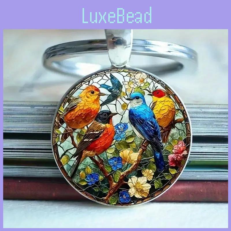 Watercolor Bird Group Glass Keyring With Alloy Material For Gift And Everyday Use