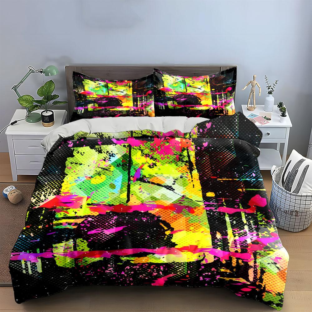 3Pcs Neon Graffiti Bedding Set, Pink and Green Abstract Print Duvet Cover + 2 Pillowcases, Grunge Decor