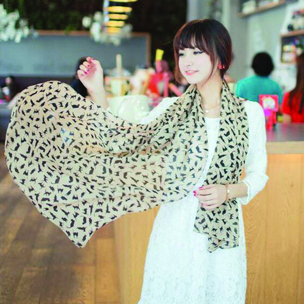 Women Thin Chiffon Cute Kitten Long Scarf Air-conditioned Shawl in Spring Summer