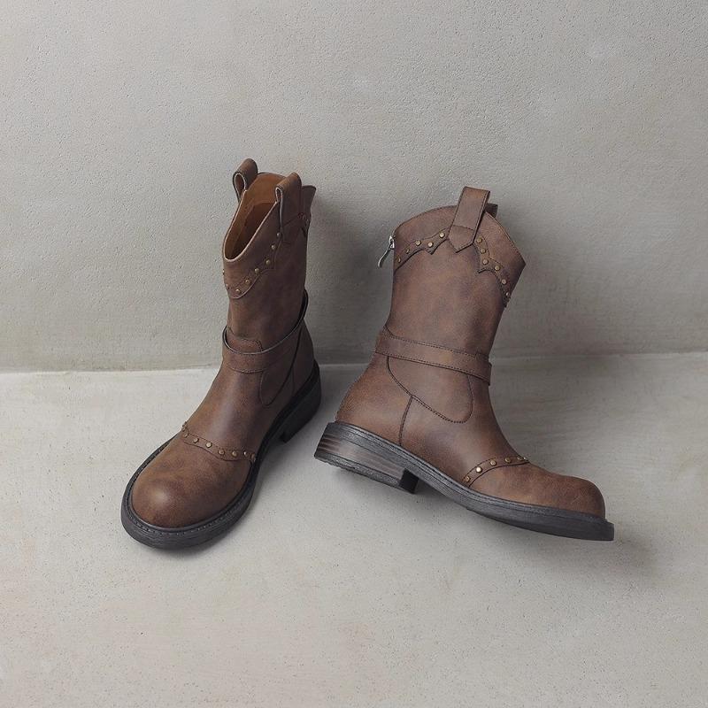 Новый стиль, модные женские винтажные коричневые кожаные женские ковбойские сапоги на платформе, рыцарские, с заклепками, панк, ковбойские, зимние женские сапоги