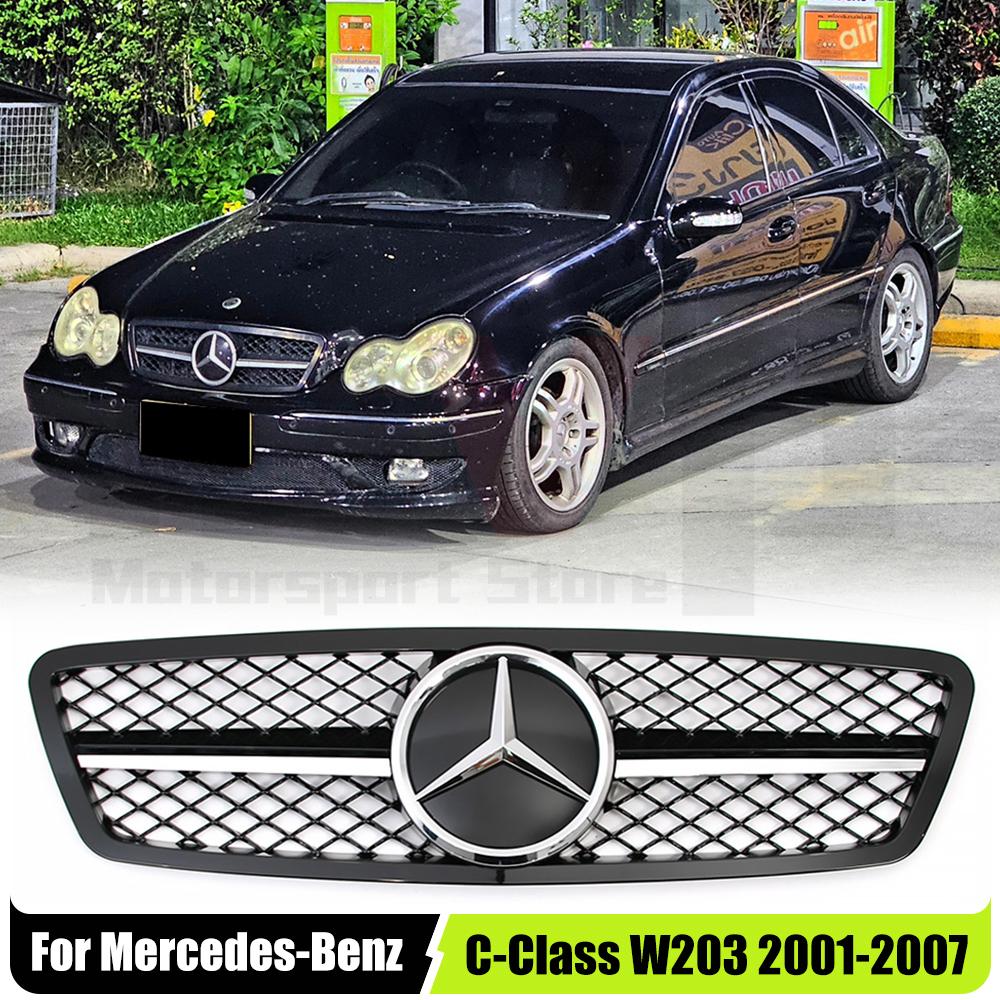 FCM5 Glossy Black&Chrome 1 Pin AMG Style Upper Grille With Emblem Logo For Mercedes Benz C-Class W203 01-07 C200 C240 C280 C320 C350