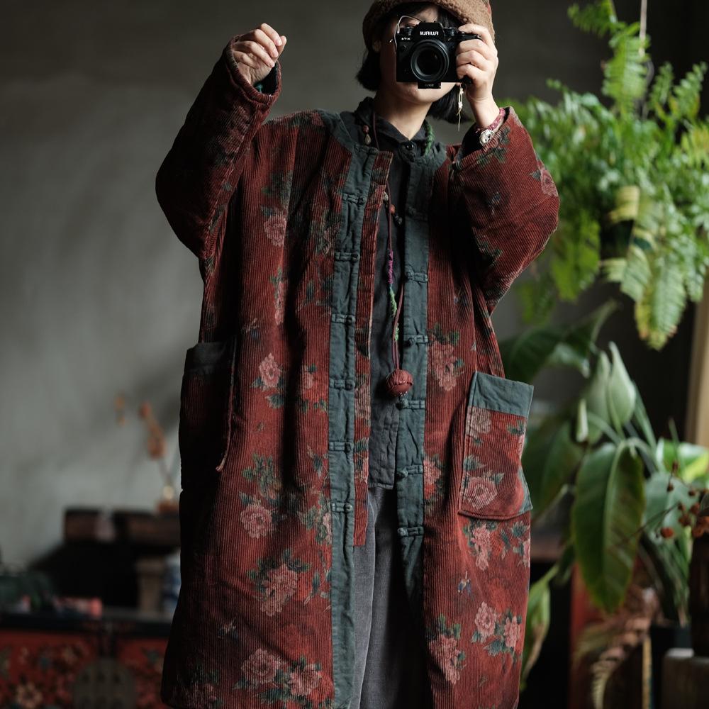 Johnature Women Vintage Red Floral Corduroy Warm Button Long Sleeve Pockets Coats Winter Chinese Style Coats