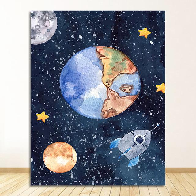 Звезда-ракета, настенная живопись на холсте, плакаты на скандинавскую тему и принты, настенные панно, декор для детской комнаты, мультфильм астронавт, Солнце, Земля, Луна