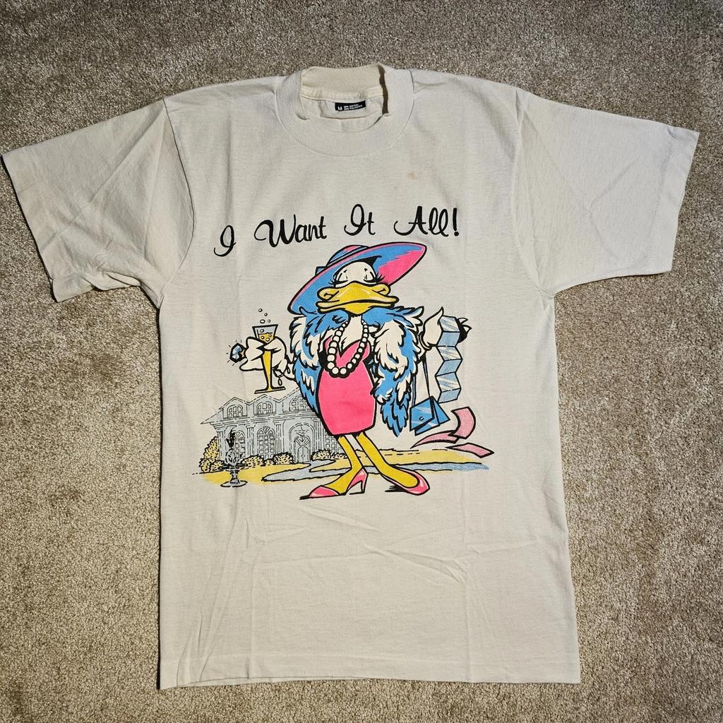 Vintage 80s 90s Glam Duck I Want It All! T-shirt Mens M Brat Y2k Distressed Rave