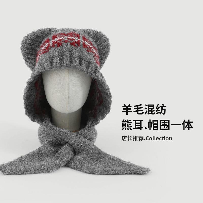 Жаккардовая вязаная шапка с медвежьими ушками в стиле Fair Isle, женская универсальная теплая и ветрозащитная, для большого обхвата головы, с защитой лица и шеи, шерстяная шапка