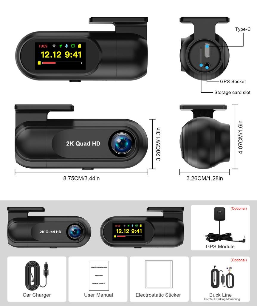 2.5K Скрытая видеокамера для автомобиля с WiFi, замедленной съемкой и GPS-слежением