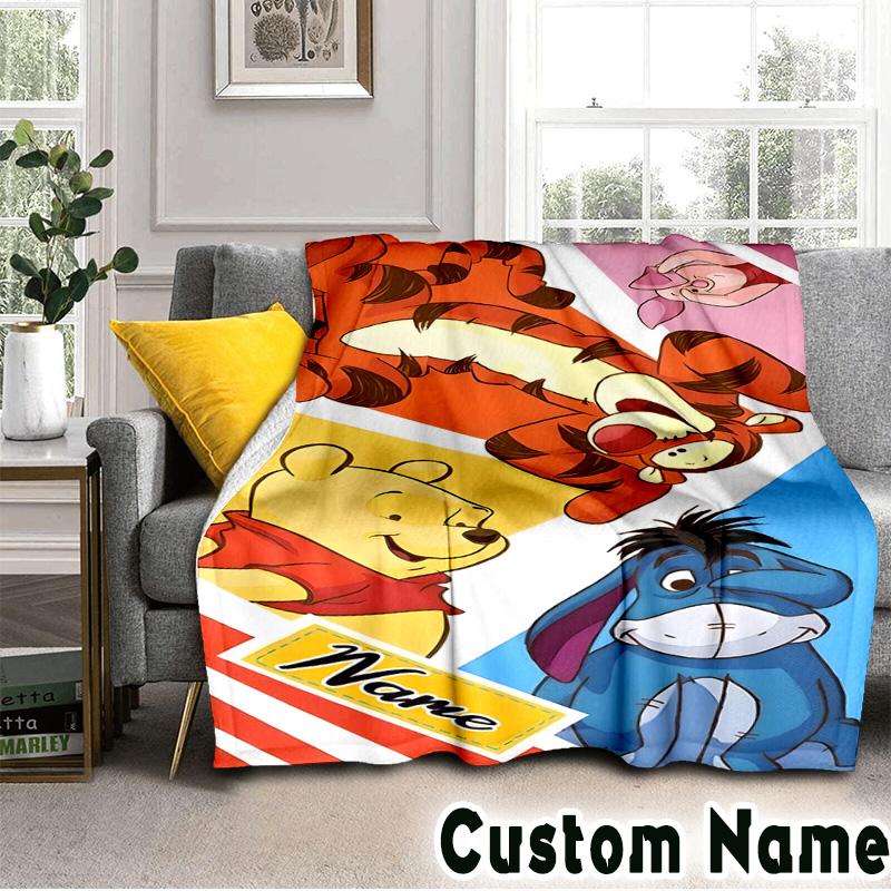 Custom Name Cartoon Pooh Blanket Bedding Blanket Picnic Blanket for Women Men, Throw Blankets for Couch Bed, Christmas and Halloween gifts