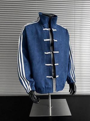 Мужская осенняя куртка пэчворк сине-белая с тремя полосками, воротником-стойкой и застежками-лягушками - Новый стиль китайского костюма тан высокого класса.