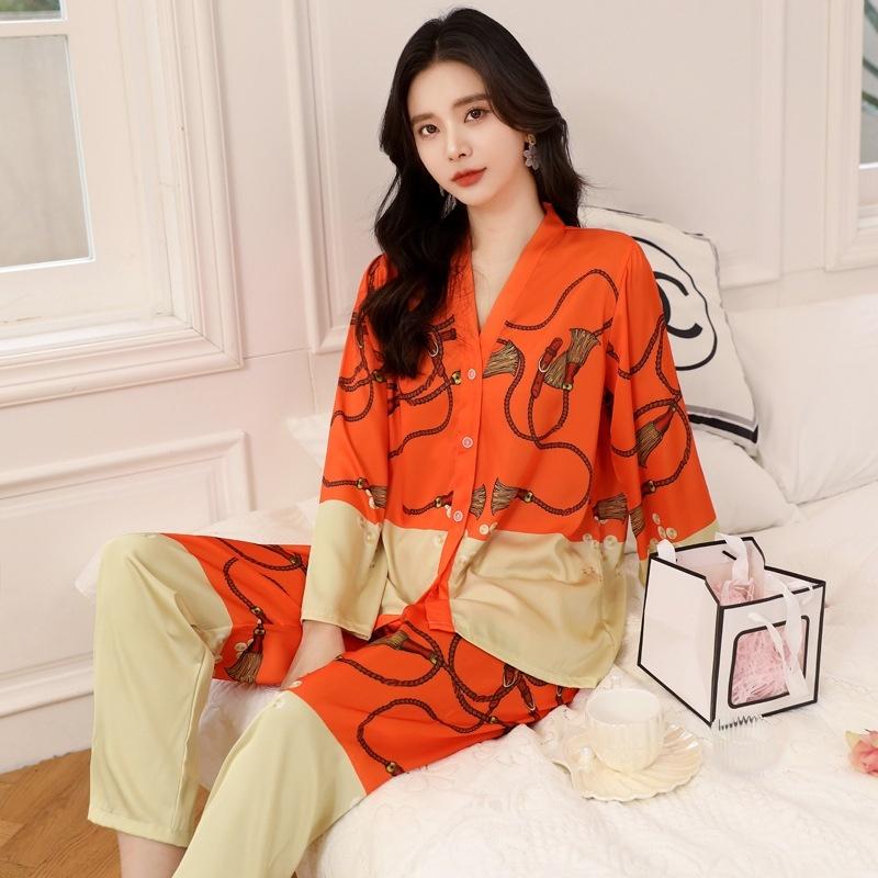 Women's Spring New Pajama Set Ice Silk Thin Long Sleeve Suit Sleepwear New Large Size Printed Pyjamas