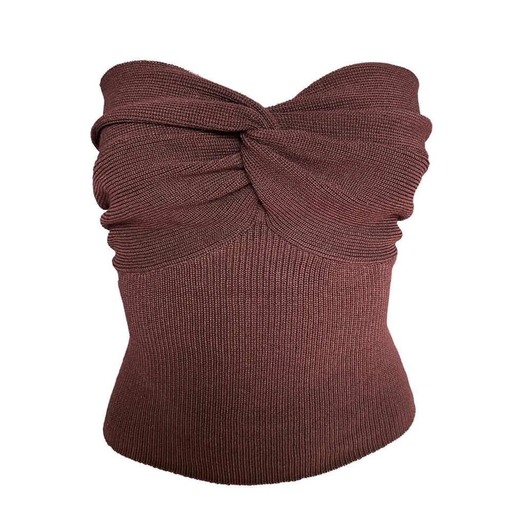 Spring Summer Women Solid Color Deep V Neck Cross Knit Strapless Vest Chic Tank Tops