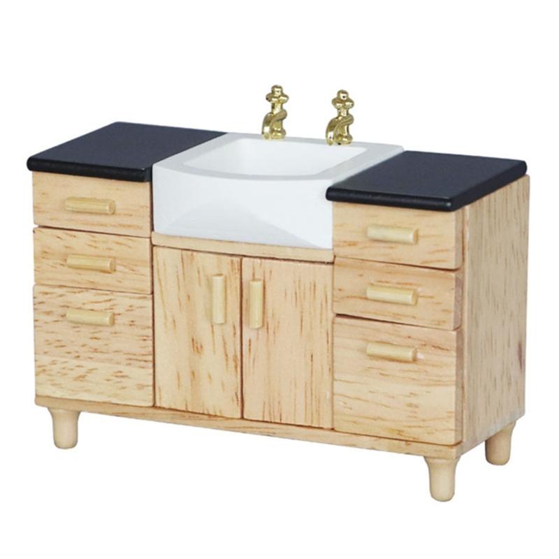 1/12 Scale Dollhouses Bathroom Sink Cabinet Miniature Wood Vanity Furniture for Creative Role Playing and Scene Display