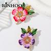 Rinhoo Pink Purple Enamel Flower Brooches Pins For Women Trendy Green Leaf Rhinestone Floral Badge Plant Corsage Wedding Jewelry