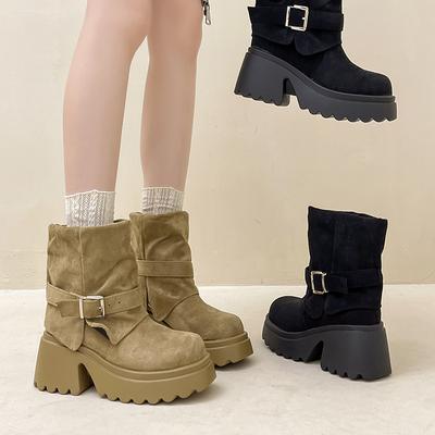 Британские ботинки Мартина на толстом каблуке, универсальные ботильоны на платформе, женские осенне-зимние ретро замшевые ботинки с пряжкой на ремне, модные ботинки на высоком каблуке