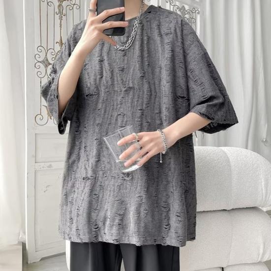 Летняя мужская футболка с рваными отверстиями, короткими рукавами и круглым вырезом, свободная ретро-пуловер в стиле High Street, однотонная, средней длины, мягкая повседневная футболка для подростков