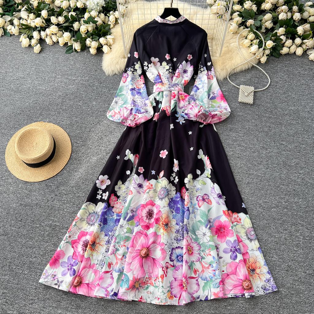 Весна-лето Женские однобортные платья с рукавами-фонариками и принтом, длинные макси, для отдыха на пляже, с поясом