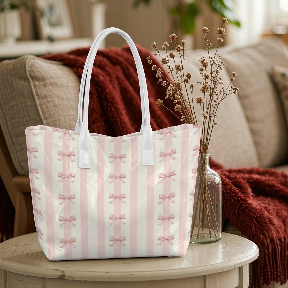 Sweet Pink Bow Striped Women Casual Tote Bag Fashion Daily Portable Handbag