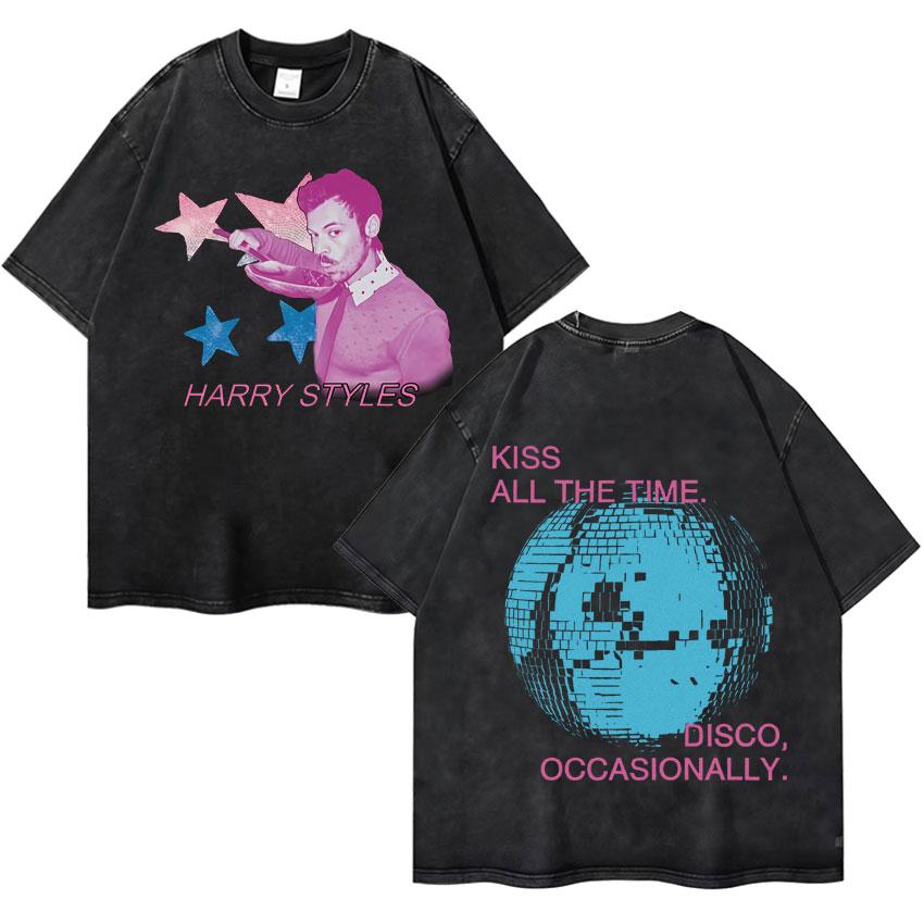 Harry Styles Kiss All The Time Disco Occasionally  Tour High Quality Vintage Washed ONeck Tshirt Fan Gift Unisex Cotton Tee
