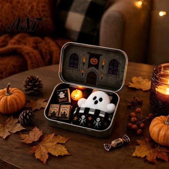 Miniature Landscape Props Mini Ghost Tin Box Set, Little Pocket Cute in A Box, Compact Desktop Soft Decoration Halloween Scene Spooky Decor, Gifts for