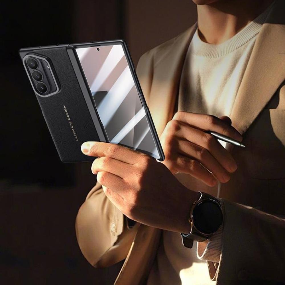 For Samsung Galaxy Z Fold7 5G Case Leather+PC Phone Cover with HD Tempered Glass Film,Lens Kickstand