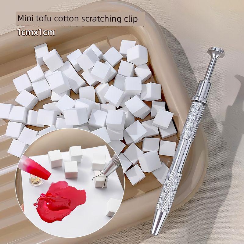 Nail Art Sponge with High-Density Mini Tofu Blocks for Blending Blush, Small Square Tool, Grabber Pen, Clip