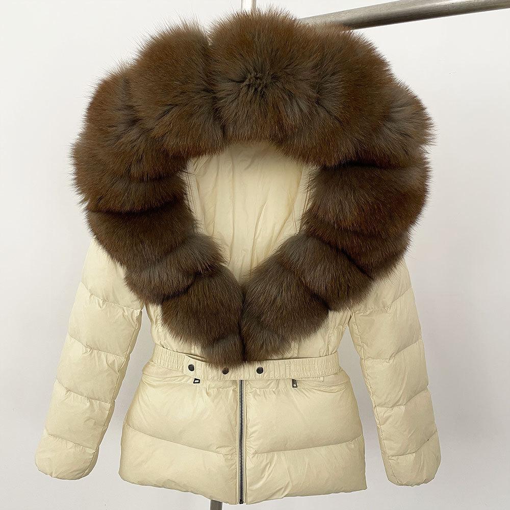 New popular short women's real fox fur collar down jacket thickened and slim waist fur down jacket