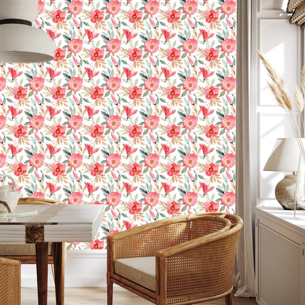 Wallpaper Flowers coral, white, light gray and cream 50x1000