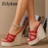 Summer Fashion Pearl Platform Wedges Open Toe Slippers Women Narrow Band Grass Weave Slide Shoes