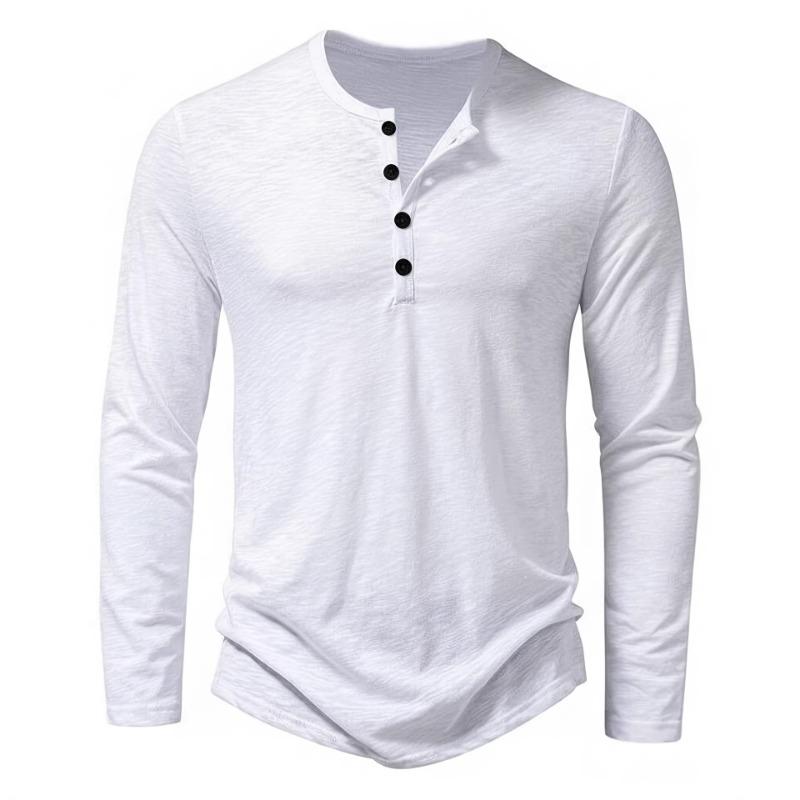 Мужская синяя меланжевая рубашка-henley с длинным рукавом, повседневный топ с пуговицами и круглым вырезом