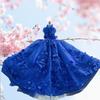 Luxury Blue Princess Dress for Dogs Handmade Lace Flower Bow Long Tail Coat High-End Fashion Pet Clothe for Small Medium Puppies
