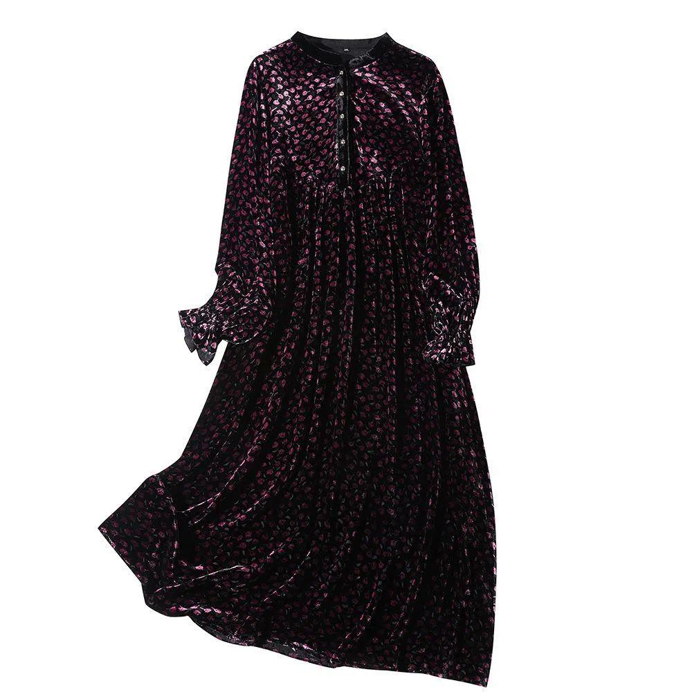 Spring Autumn Women's Plus Size Dress Gold Velvet Polka Dot Print Dress Loose Retro Mid-Length A-Line Dress