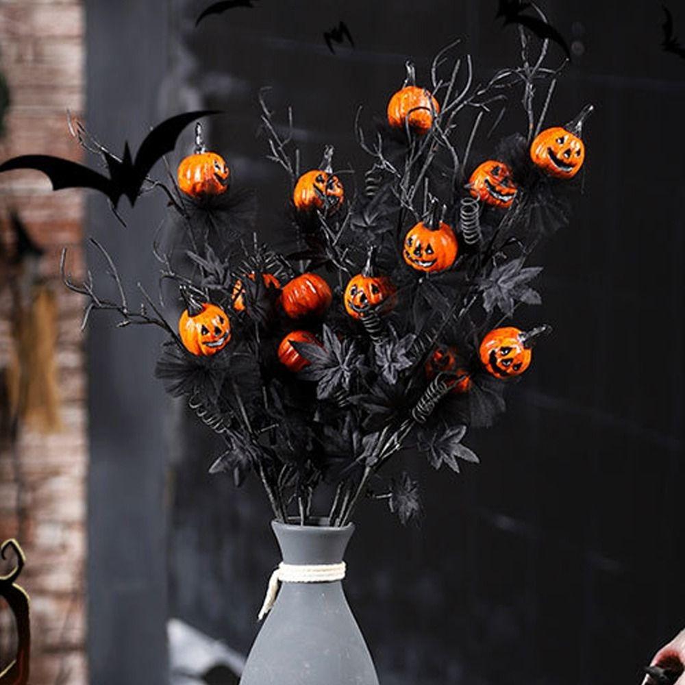 Black Halloween Maple Pumpkin Branches Gothic Flowers Plastic Artificial Maple Leaf Pumpkin Scary DIY Fake Plants