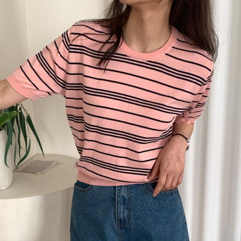 Shop Women Round Neck STriped 100 CoTTon ShorT Sleeve KniT T shirT Blue 21dsw