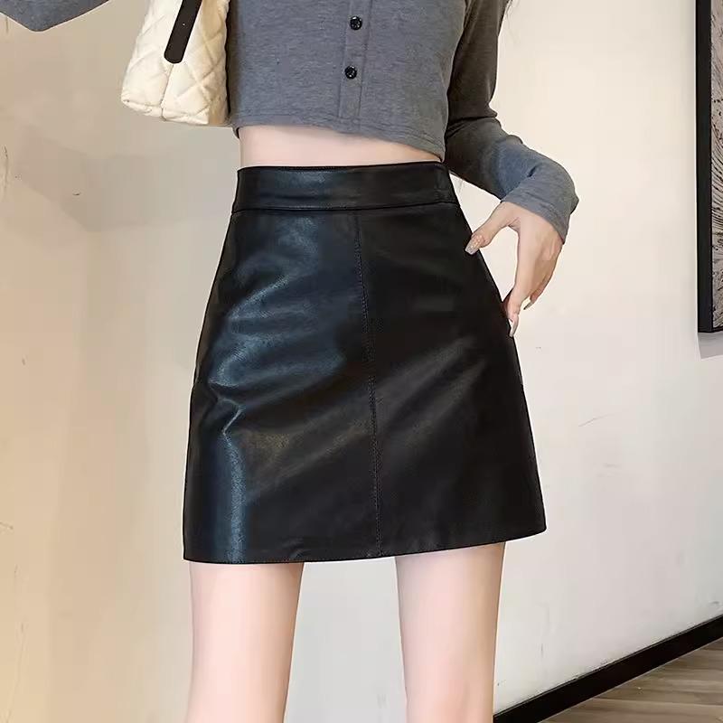 Women's High-Waisted Black PU Leather A-Line Mini Skirt - Slim Fit, Anti-Exposure, Perfect for Spring and Fall