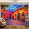 2D flat,1pc Mexican Courtyard Backdrop with Guitars, Potted Plants, and Musical Notes Theme -No electricity