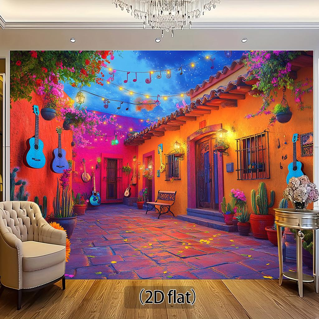 2D flat,1pc Mexican Courtyard Backdrop with Guitars, Potted Plants, and Musical Notes Theme -No electricity