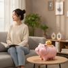 Pig Savings Bank with Base Glossy Piggy Figurine Gold-Toned for Living Room