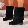 Plus Size New Arrival Faux Fur Boots with Patchwork Chunky Heel, Round Toe Western Cowboy Boots, High-Top Boots
