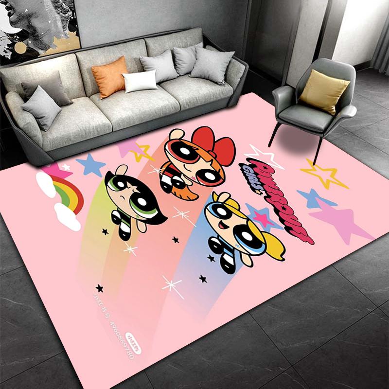 Colorful Cartoon Rug with Powerpuff Girls Design and Pink Background Suitable for use as an anti-slip for living room bedroom sofas