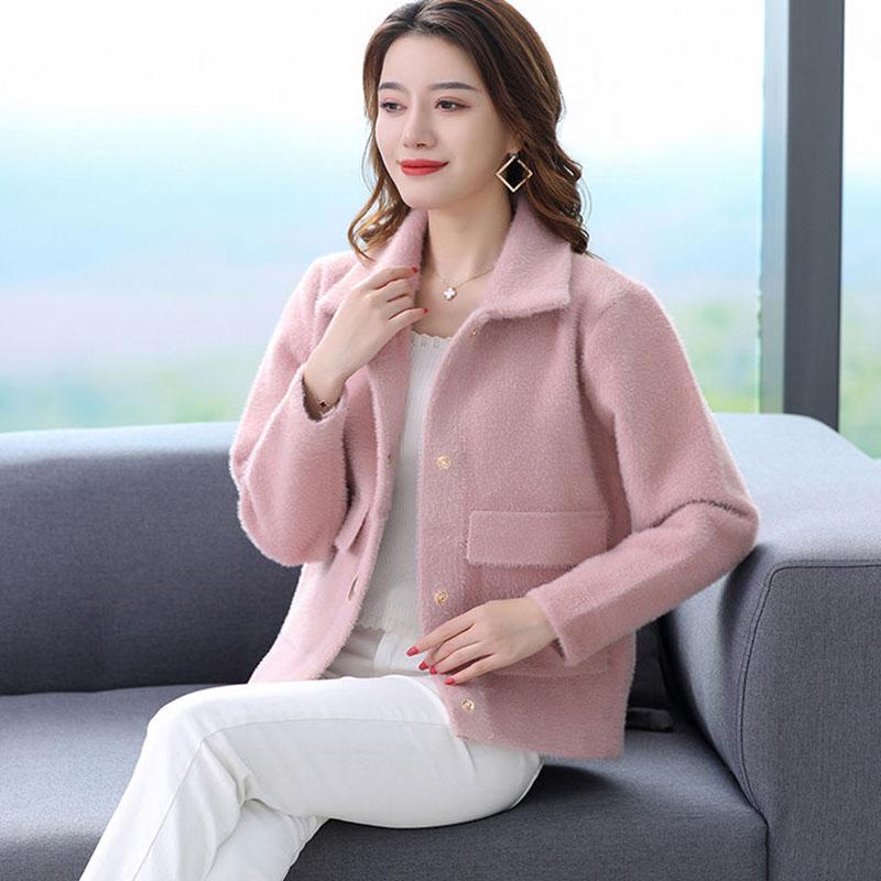 Fuzzy Cardigan Sweater for Women Imitation Mink Velvet Jacket Women Short Mohair Cardigan Lapel Knitted Cardigan Sweaters with Pockets