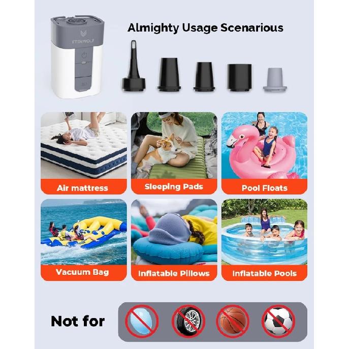 ETENWOLF AIR 5 Electric Air Pump 720 LPM Quick Inflator & Deflator 5200mAh Portable Air Pump for Pool Floats Vacuum Storage Bag
