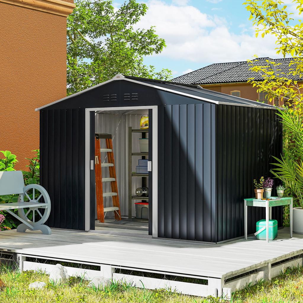 Metal Tool Shed with Sliding Doors and Ventilation Windows, 277 x 195 x 192 cm, Dark Grey