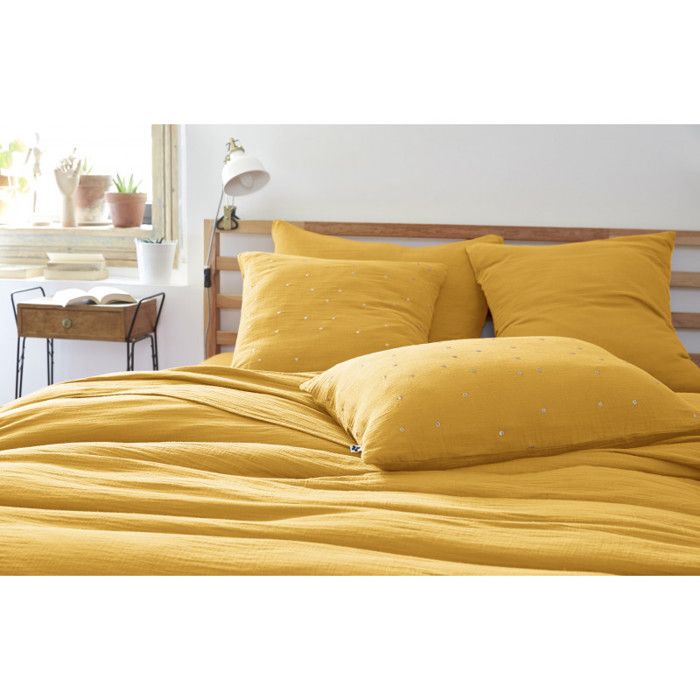 Taie d'oreiller Pois Doré Déco "Gaïa Chic" 60 x 60 cm & 50 x 70 cm "Gaze de Coton" - Gaïa Chic Safran - 60 x 60 cm - Gaïa Chic Safra