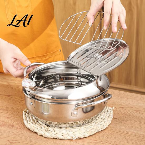 Kitchen Oil Fryer 304 Stainless Steel Deep Pot with Thermometer Drain Rack And Splatter Tempura Frying Lid Temp Control Saving Pot Multipurpose