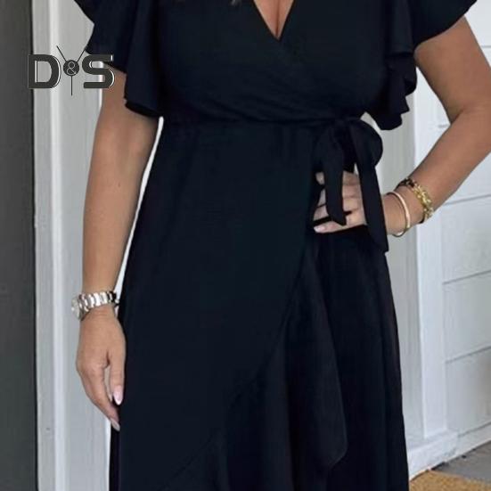 Женское летнее макси-платье с V-образным вырезом и коротким рукавом в виде листа лотоса, свободный сарафан, длинное пляжное платье с разрезом и поясом