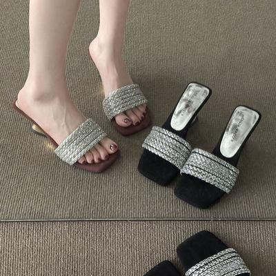 Темпераментные изысканные стразы с крутыми шлепанцами для лета, средний каблук, высокий каблук, шлепанцы с квадратным носком, сандалии