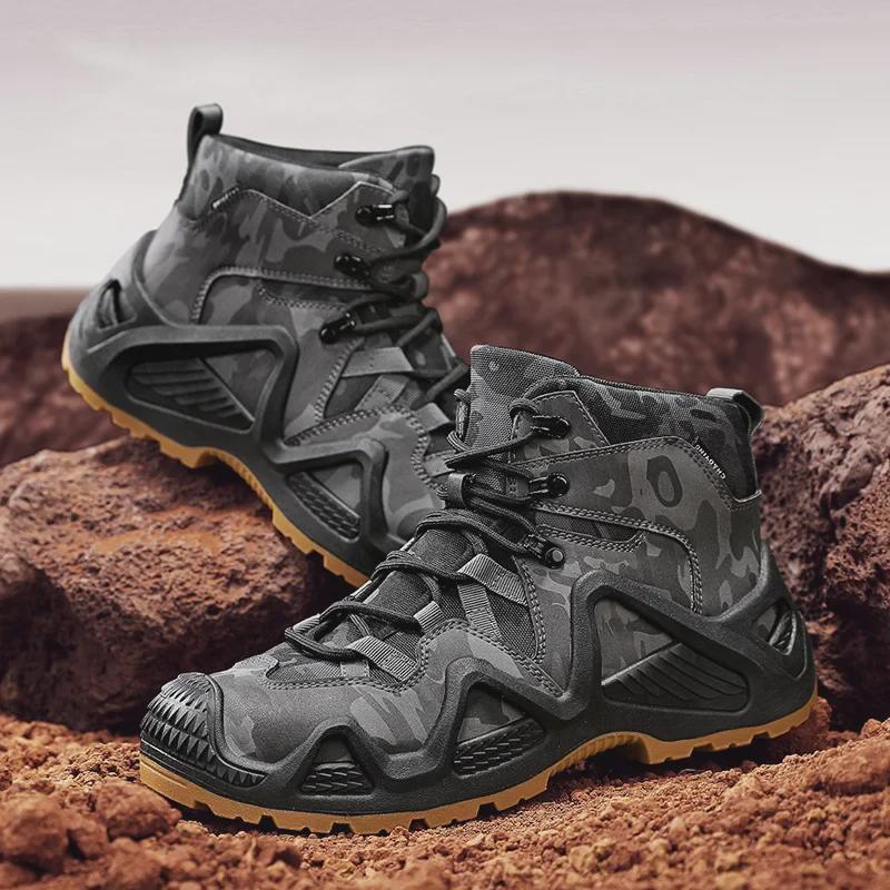 Men's Camouflage Oxford Waterproof Tactical Boots - Non-Slip, Large Size (45, 46) for Outdoor Rock Climbing & Hiking.