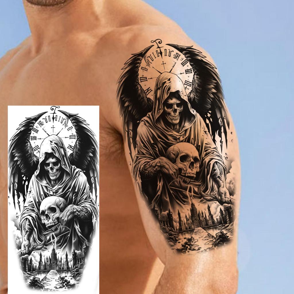 1 Sheet Scary Grim Reaper Skull Temporary Tattoos Halloween Tatoos Long Lasting Waterproof Tiger Wolf Beast Fake Tattoo Stickers