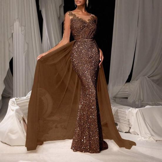 Женское вечернее платье с пайетками, кружевное облегающее платье макси с длинными рукавами, блестящее платье длиной до пола с сетчатым лоскутным узором для коктейльных свадебных вечеринок