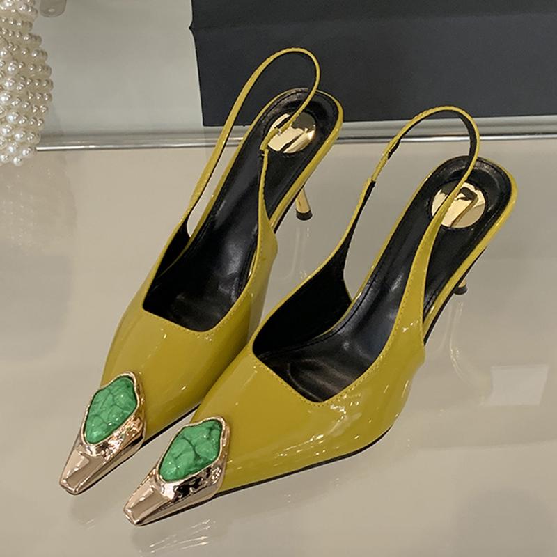 Liyke Модный Дизайн Инкрустация Драгоценными Камнями Заостренный Носок Лакированная Кожа Сексуальные Босоножки Слингбэк Женские Туфли Лодочки Высокие Каблуки Свадебные Банкетные Туфли