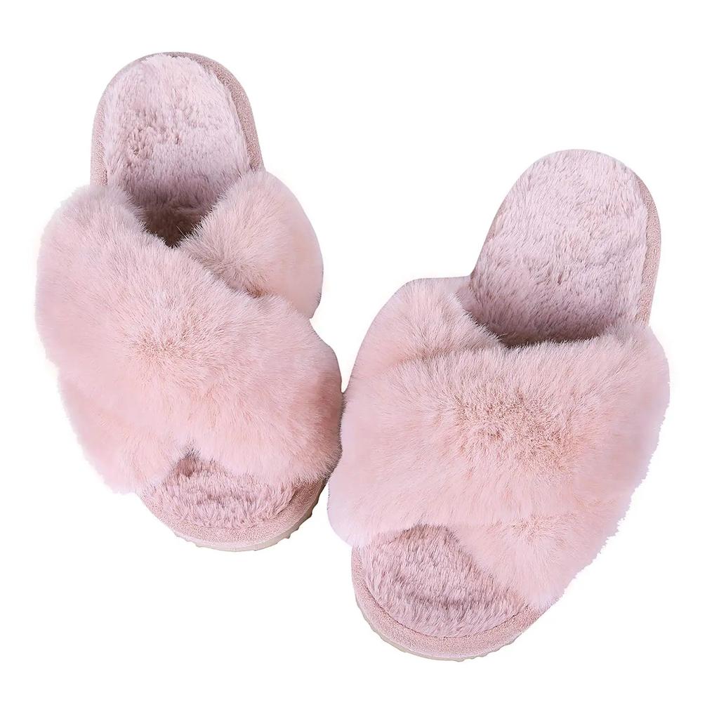 Comwarm Women's Cozy Fuzzy Slippers Open Toe Plush Cotton Flat Indoor Shoes Warm Comfortable Fluffy Slides for Home